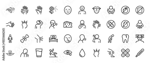Medical symptoms and allergy line icon set. Vector pictograms of rash, headache, bone fracture, fever, and toothache, thin outline illustration.