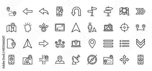 Navigation and map line icon set. Vector pictograms of location pin, route arrow, gps tracking, compass, signpost, satellite and travel path, thin outline illustration.