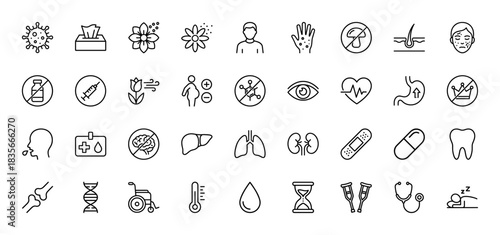 Medical healthcare line icon set. Vector pictograms of virus, syringe, heart, liver, and lungs, thin outline illustration.
