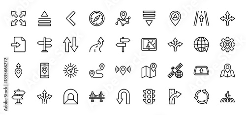 Navigation and direction line icon set. Vector pictograms of map pointer, compass, signpost, road, traffic light, and bridge, thin outline illustration.