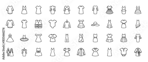 Fashion and clothing line icon set. Vector pictograms of dresses, gowns, shirts, casual wear, formal wear, robes and accessories, thin outline illustration.