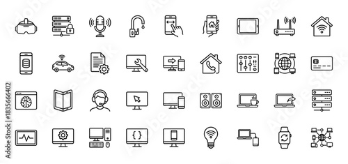 Technology and smart devices line icon set. Vector pictograms of virtual reality, servers, gadgets, and communication, thin outline illustration.
