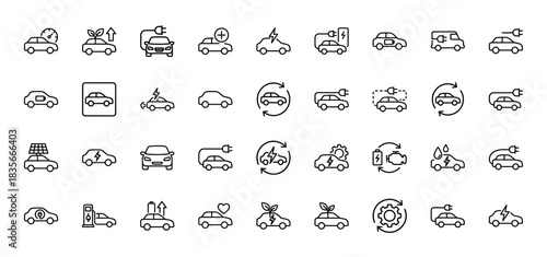 Automotive and electric vehicle line icon set. Vector pictograms of charging, battery, eco-friendly cars, thin outline illustration.