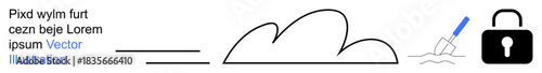 Data security, cloud storage, digital signatures, online privacy, encryption, cybersecurity. A cloud, digital pen and lock. Data security and cloud storage for online safety and privacy