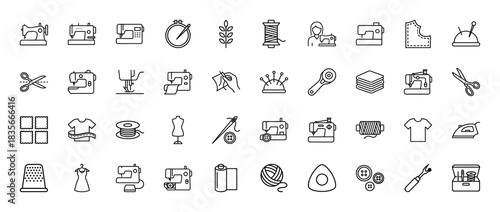 Sewing and tailoring line icon set. Vector pictograms of machine, scissors, thimble, mannequin, and thread, thin outline illustration.