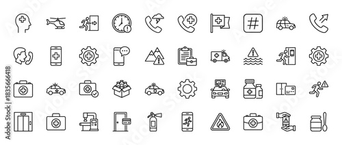 Emergency response line icon set. Vector pictograms of ambulance, helicopter, first aid kit, warning signs, phone, fire extinguisher, thin outline illustration.