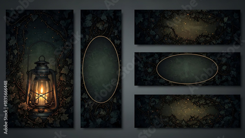Vintage lantern and ornate frames on dark textured background