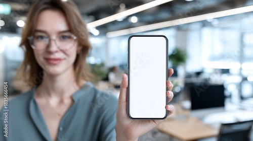 Showcasing Smart Technology: A confident woman with eyeglasses holds a smart phone with a clear, open display. Her smile and the clean background exude sophistication and modern usability.