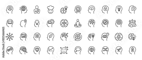 Mental health, brainstorming, and mind icon set. Vector pictograms of intelligence, concentration, idea, and knowledge, thin outline illustration.