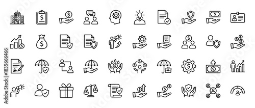 Finance and insurance line icon set. Vector pictograms of money, contract, protection, and security, thin outline illustration.