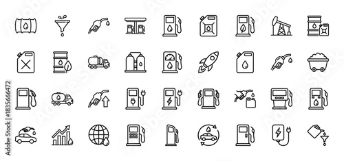 Fuel and energy line icon set. Vector pictograms of gasoline pump, oil barrel, charging station, and delivery truck, thin outline illustration.
