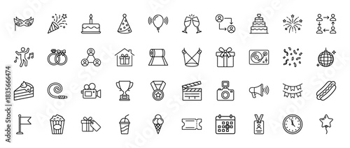 Party and celebration line icon set. Vector pictograms of confetti, cake, disco ball, champagne, and camera, thin outline illustration.