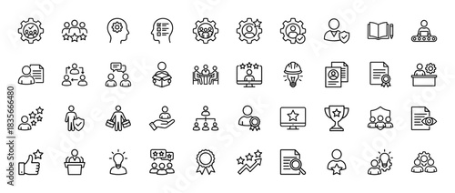 Human resources and business management line icon set. Vector pictograms of teamwork, gears, career, job, and skill development, thin outline illustration.