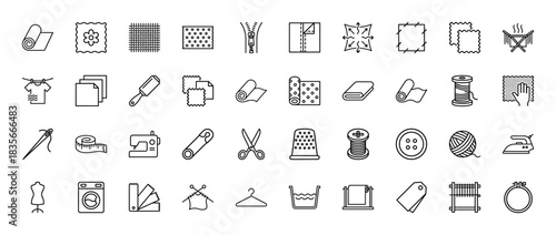 Fabric and sewing line icon set. Vector pictograms of textile rolls, swatches, sewing machine, needle, scissors, yarn, iron and washing symbols, thin outline illustration.