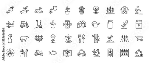 Agriculture line icon set. Vector pictograms of plant, farmer, tractor, harvest, and garden tools, thin outline illustration.