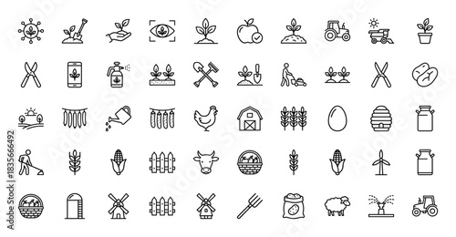 Agriculture and farming line icon set. Vector pictograms of plants, crops, animals, and machinery, thin outline illustration.