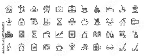 Retirement and insurance line icon set. vector pictograms of pension, savings, healthcare, and security, thin outline illustration.