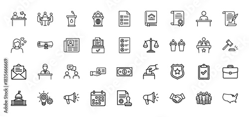 Government and law line icon set. vector pictograms of judge, gavel, ballot box, police shield, and legal documents, thin outline illustration.
