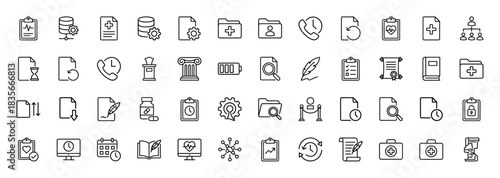 Medical and documentation line icon set. Vector pictograms of heartbeat monitor, folder, file, database, and calendar, thin outline illustration.