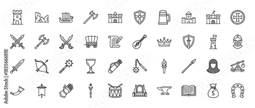 Medieval war and fantasy line icon set. Vector pictograms of castle, sword, shield, helmet, axe, torch, and archer, thin outline illustration.