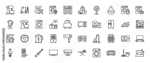 Home appliance line icon set. Vector pictograms of washing machine, mixer, refrigerator, and smart home devices, thin outline illustration.