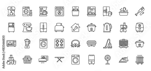 Household appliances line icon set. vector pictograms of washing machine, refrigerator, coffee maker, toaster, and blender, thin outline illustration.