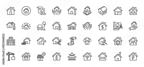 Real estate line icon set. Vector pictograms of house, apartment, mortgage, property, and building, thin outline illustration.