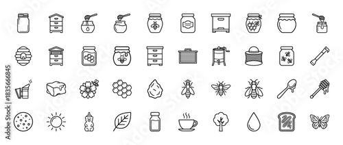 Beekeeping and honey product line icon set. Vector pictograms of jar, bee, hive, comb, spoon, and flower, thin outline illustration.