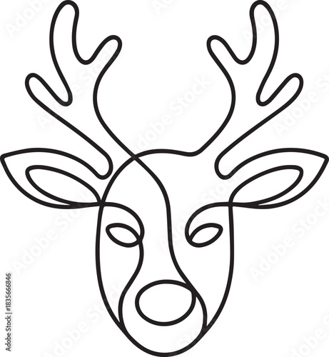 Minimal Reindeer Face One-Line Art Vector Icon. Simple Christmas Animal Outline Symbol. Modern Winter Holiday Decoration, Sticker, or Logo Design Element.