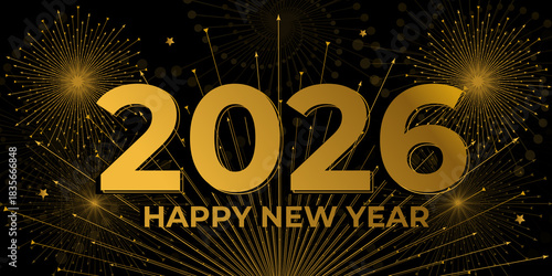 Happy New Year 2026 Celebration Luxury Shiny Fireworks Golden Black Background Illustration Design