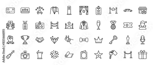Award ceremony and exclusive event line icon set. Vector pictograms of tuxedo, trophy, spotlight, red carpet, and ticket, thin outline illustration.