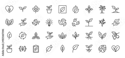 Ecology and growth line icon set. Vector pictograms of sprouting plants, leaves, trees, and environmental concepts, thin outline illustration.