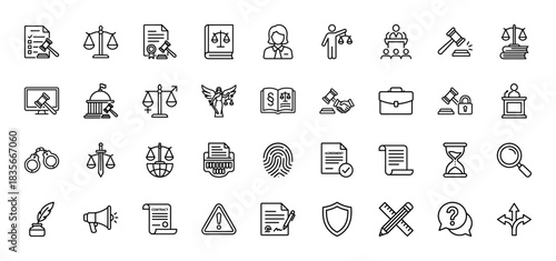 Law and justice line icon set. Vector pictograms of gavel, scale, contract, judge, and handcuffs, thin outline illustration.