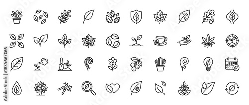 Nature and ecology line icon set. Vector pictograms of leaves, plants, watering, growth, and recycle symbols, thin outline illustration.