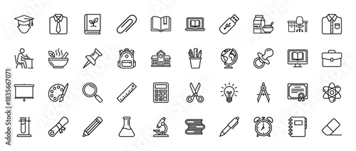 Education line icon set. Vector pictograms of graduation cap, textbook, school, compass, and calculator, thin outline illustration.