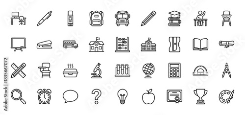 Education line icon set. Vector pictograms of backpack, school bus, apple, books, calculator, and microscope, thin outline illustration.