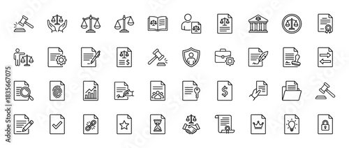 Law and justice line icon set. Vector pictograms of gavel, scale, document, and contract, thin outline illustration.