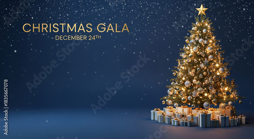 Illuminated Christmas tree adorned with ornaments and a star, surrounded by gift boxes against a blue backdrop, symbolizing holiday celebration and festive spirit