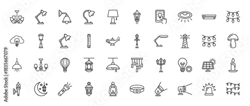 Lighting line icon set. Vector pictograms of chandelier, desk lamp, flashlight, street light, and lightbulb, thin outline illustration.