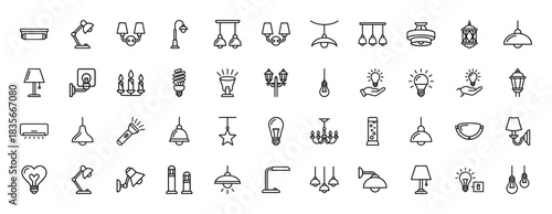 Lighting fixture line icon set. Vector pictograms of lamps, chandeliers, desk lights, and bulbs, thin outline illustration.