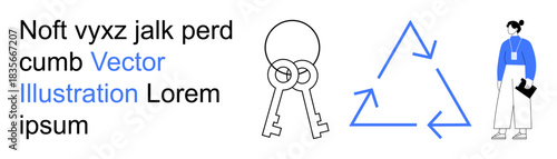 Sustainability, recycling, minimalism, organization, user interface, education. Blue recycling triangle, a pair of keys and a woman holding a clipboard. Focuses on sustainability and recycling
