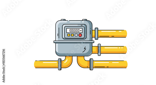 Residential or industrial gas meter with a digital display showing consumption, connected to yellow pipes for utility management.