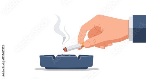 Businessman's hand putting out a smoking cigarette in a blue ashtray, representing quitting smoking or a smoke break.
