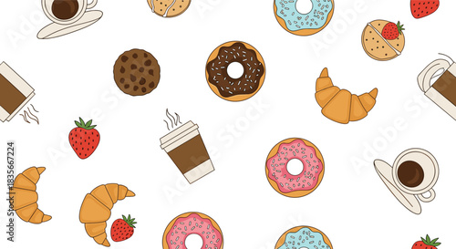 Seamless pattern background of delicious breakfast foods and drinks including coffee, donuts, croissants, cookies, and fresh strawberries.