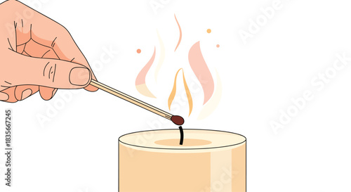 Close-up of a hand holding a lit matchstick to light the wick of a large white candle, creating a warm and cozy flame.