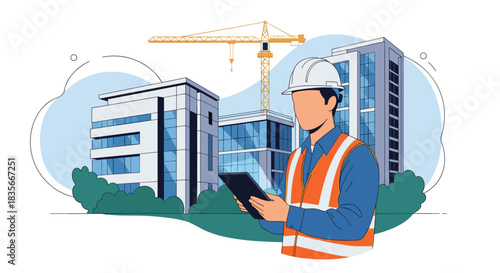 Civil engineer or construction site manager wearing a hard hat and safety vest, using a tablet to oversee a building project.