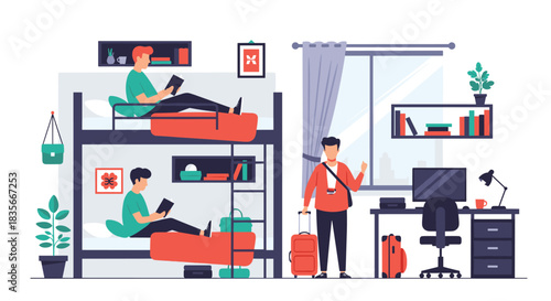 Young male traveler with a suitcase arriving at a bustling youth hostel dorm room where other guests are relaxing on bunk beds.