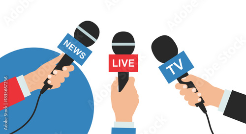 Hands of journalists holding microphones with news, live, and TV logos, conducting a press conference or media interview.
