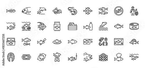 Seafood and fishing line icon set. Vector pictograms of fish, shrimp, crab, fishing rod, and canned food, thin outline illustration.