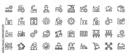 Industrial manufacturing line icon set. Vector pictograms of production, factory, logistics, assembly, and automation, thin outline illustration.